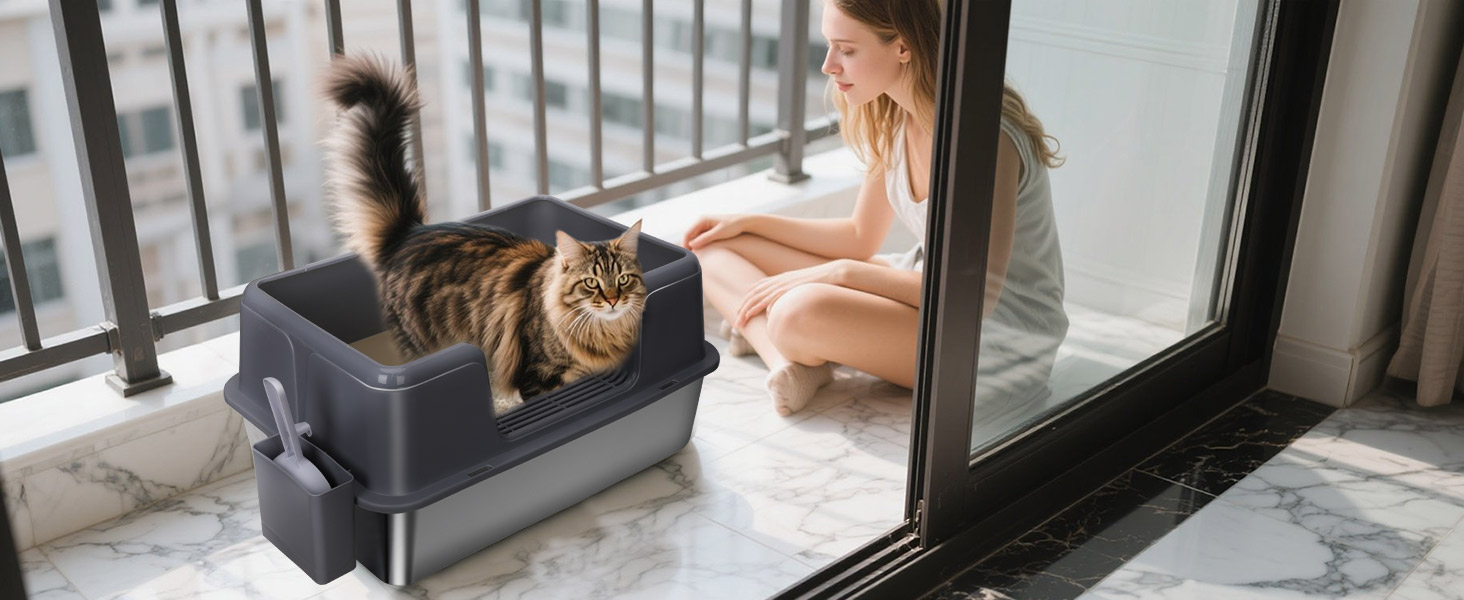 Набір для туалету котів Katzenklo Masthome з кришкою, лотком та фільтром з активованим вугіллям, блакитно-білий (нержавіюча сталь)