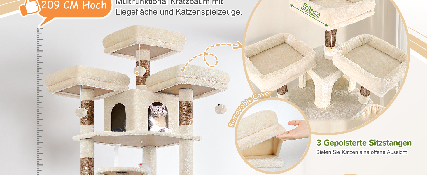 Драбина-будинок для котів Globlazer Beige XXL, 209 см: 3 стійкі лежанки, 2 будиночки, 2 кошики, велика платформа, іграшки для котів. Стабільна для 3-5 котів.