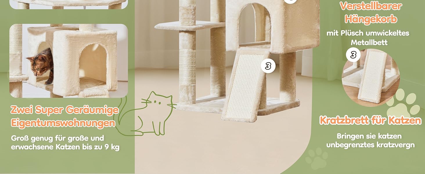 Дерев'яний комплекс для котів Taoqimiao 193 см, великий, з будиночками, лежаками, гачком та когтеточками (MS047G, сірий/бежевий)