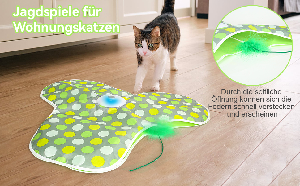 Інтерактивна іграшка для котів FUGODIWI: електрична, з автоматичним полюванням на мишей, знімні пір'я, USB-зарядка, зелена