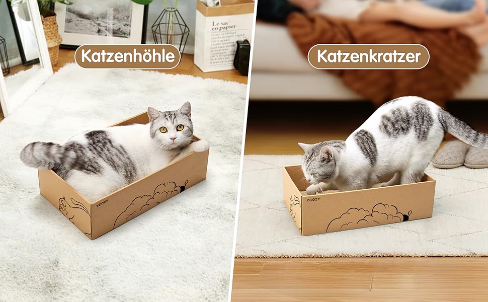 Ycozy Дряпальня для котів з будиночком та 5 дряпальними поверхнями, велика двостороння картонна дряпка для котів, високоякісний змінний картон, міцні котячі меблі