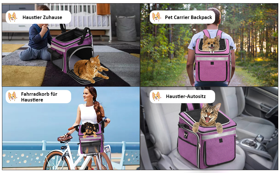 Сумка на велосипед для тварин (собаки, коти), рюкзак для домашніх улюбленців з сіткою, складана переноска для собак та котів до 6 кг (фіолетовий, 53 x 29 x 33 см)