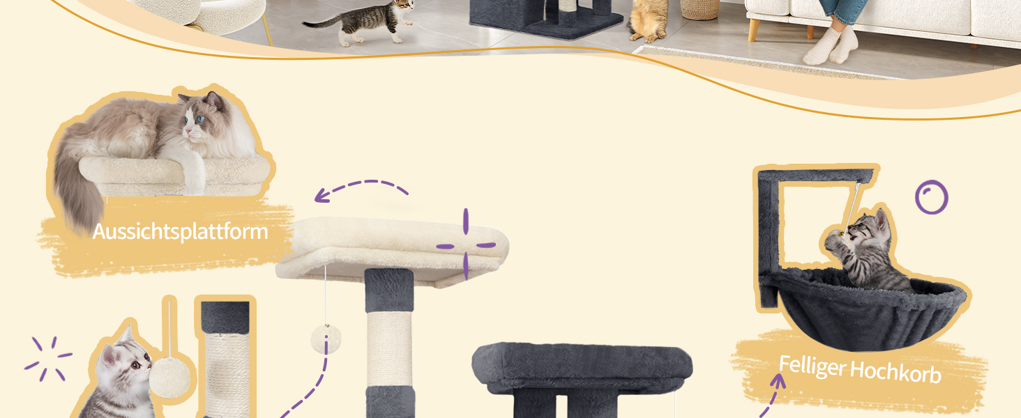 Великий котячий будиночок-кліматизатор, 193 см, XXL, з 7 стовпчиками для шліфування, 3 будиночками, 2 платформами, 2 плюшевими кульками, корзиною, мотузкою для лазіння, багатоповерховий, MS19218LG (темно-сірий)