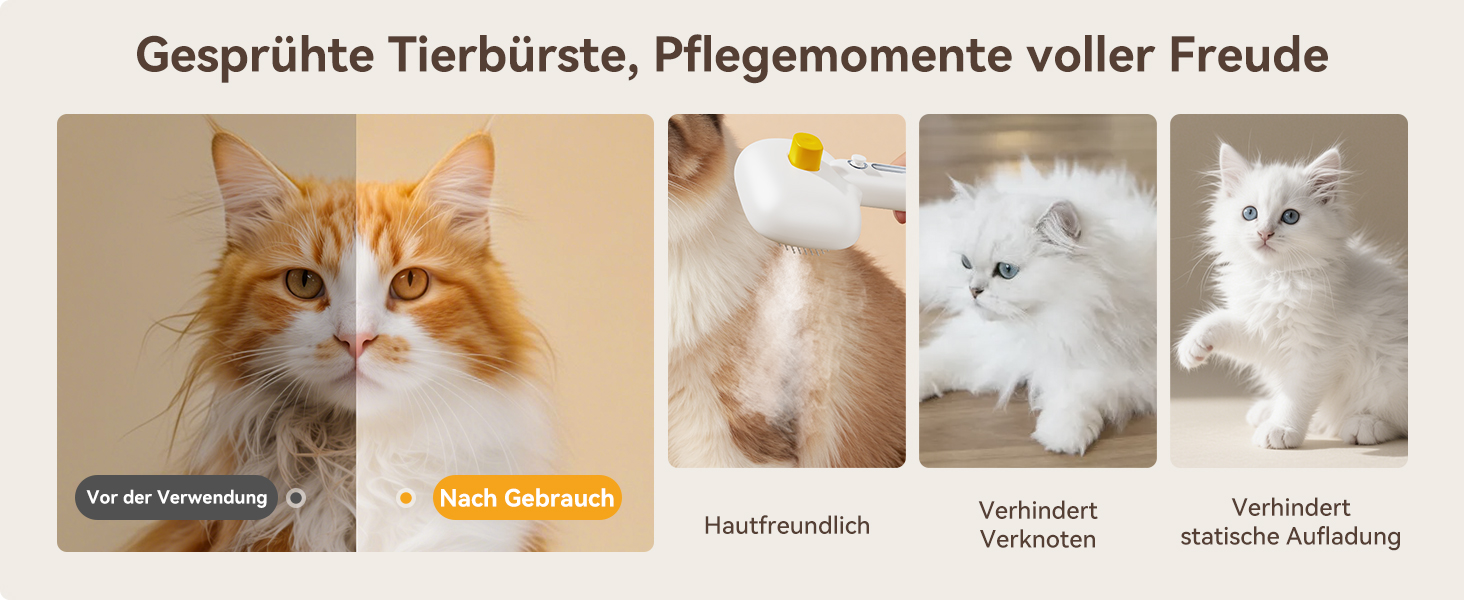 Щітка для котів ROJECO з парою, багатофункціональна, 3-в-1 проти підшерстка та ковтунів, 3 режими розпилення, самоочищення, для довгошерстих та короткошерстих котів та собак, білий колір