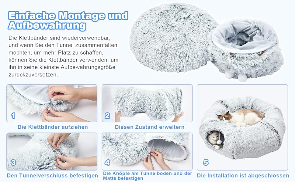 Туннель-іграшка для котів Jiupety з місцем для сну, великий, сірий, з підвісними кульками