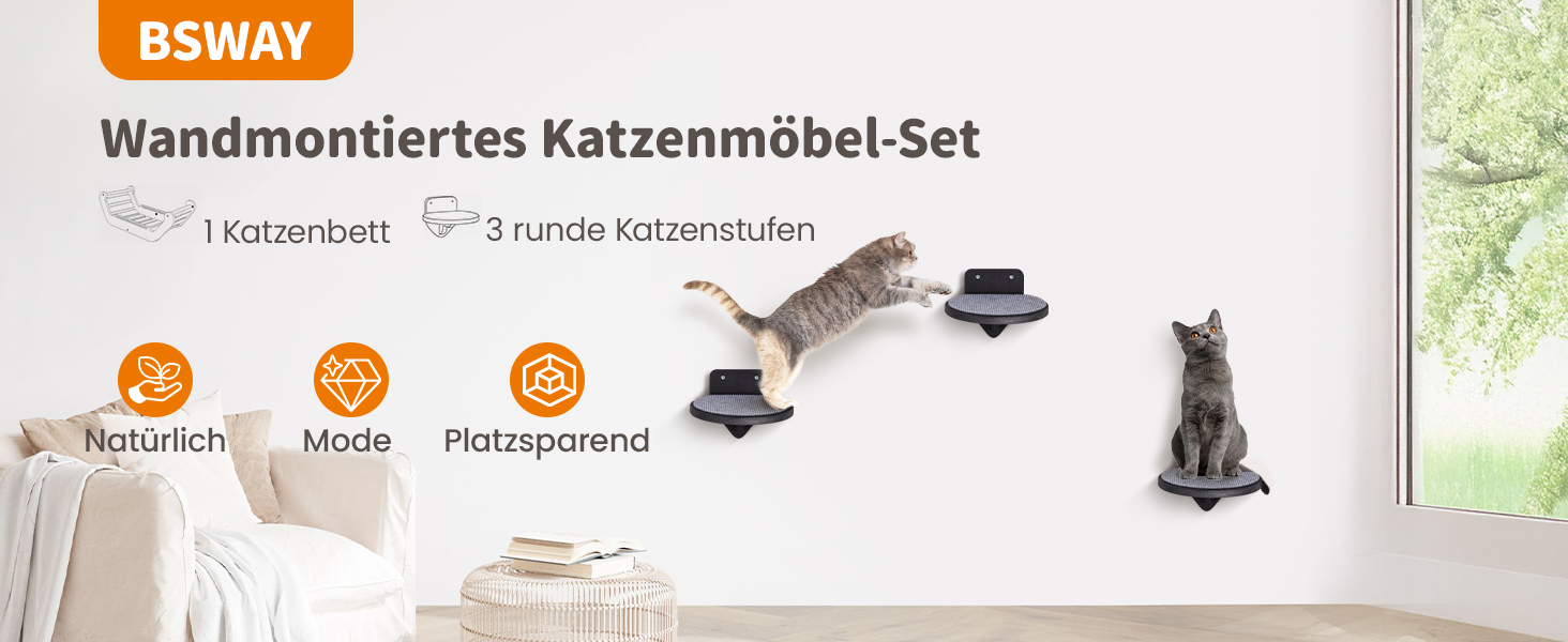 Кліматична стіна для котів XXL з берези | Набір з 3 сходинок з дряпальною поверхнею | Сходи для котів на стіну | Сітка для лазіння котів (Темний колір)