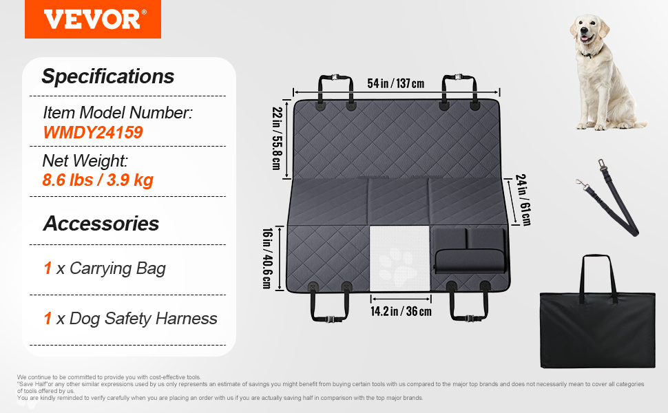 Захисний килимок для собак VEVOR на заднє сидіння авто, 137x61 см, до 180 кг, з сіткою та кишенею
