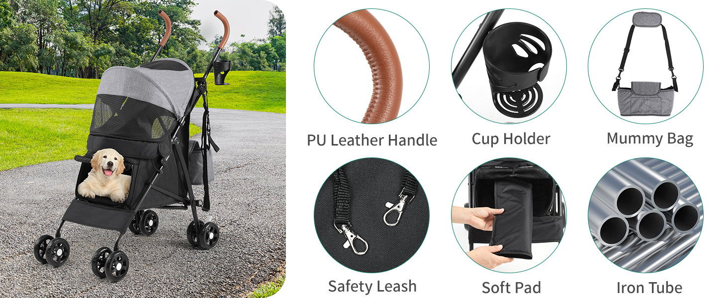 Візок для собак YITAHOME - переноска для тварин до 11,3 кг, з сіткою, тримачем для напоїв, кошиком та переноскою (сірий/чорний)