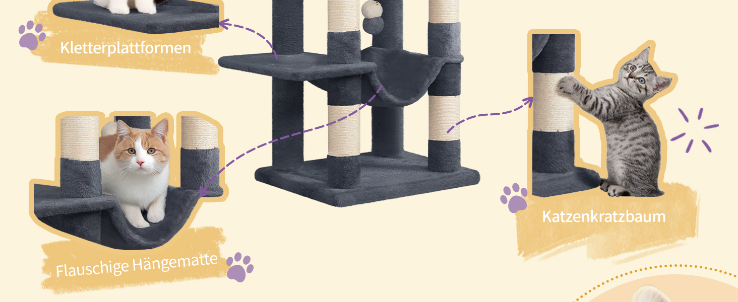 Дерево для котів Hzuaneri Kratzbaum 149 см з 5 стовпчиками для шліфування, платформами, печереєю, багатоярусне котяче ігрове дерево, помпонами, MS14918LG (темно-сірий)