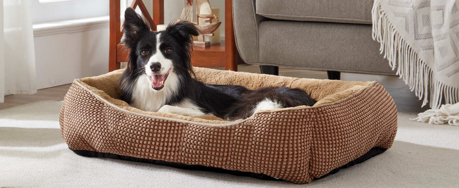 FURTIME Лежанка для собак середнього розміру, кошик для собак, миється, пухнаста, з неслизьким покриттям, заспокоююча лежанка для собак та котів середнього та малого розміру, 63x53x20 см, коричнева