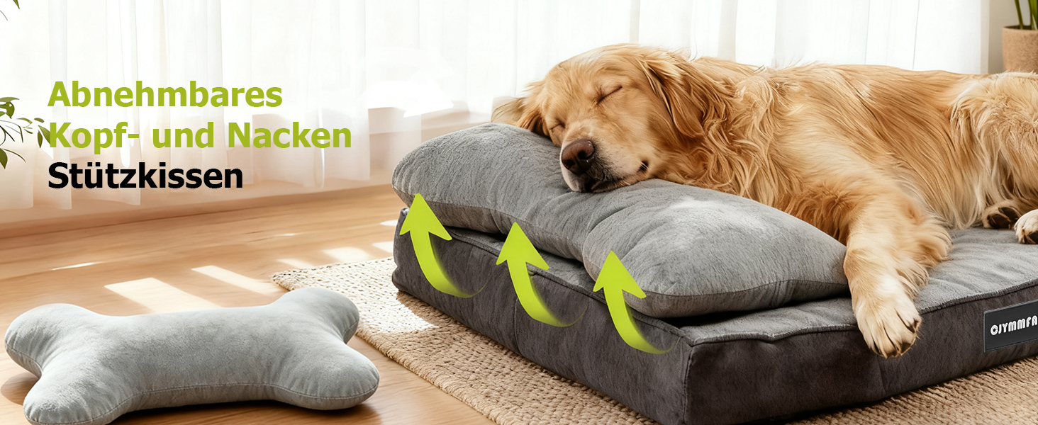 Ортопедичне собаче ліжко з миючим чохлом, водонепроникне собаче ліжко з піною з пам'яті та знімним підголовником для підтримки голови та суглобів, неслизьке собаче ліжко для середніх та великих собак XL: 106 x 76 x 22 см, сірий