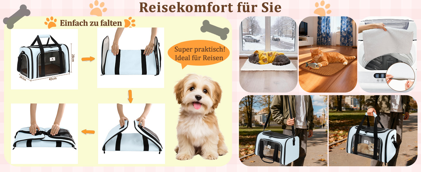 Транспортна сумка для котів та маленьких собак – складана, добре провітрювана переноска. Сумка для тварин з водонепроникною підкладкою для безпечного транспортування до ветеринара, у подорожах та в авто (Блакитна)