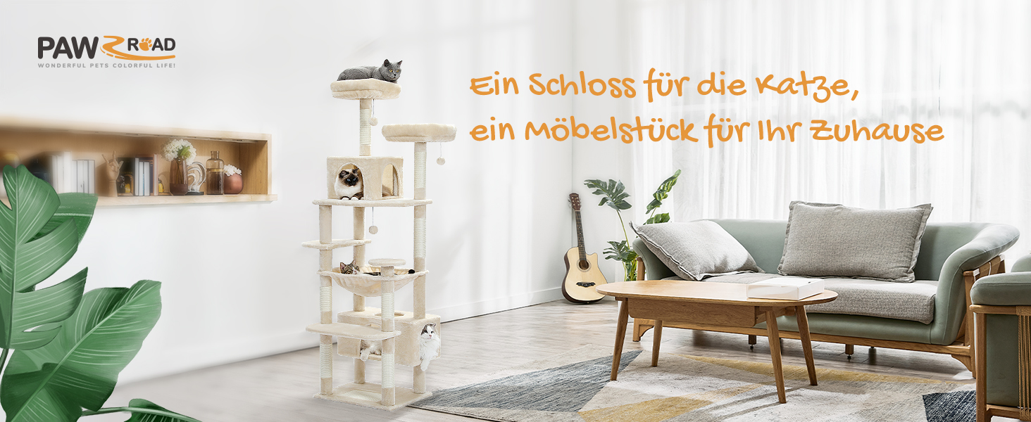 PAWZ Road Дряпка для котів велика, 184 см, 7 стовпів сизалю, гніздо, кошик, для дому, бежевий