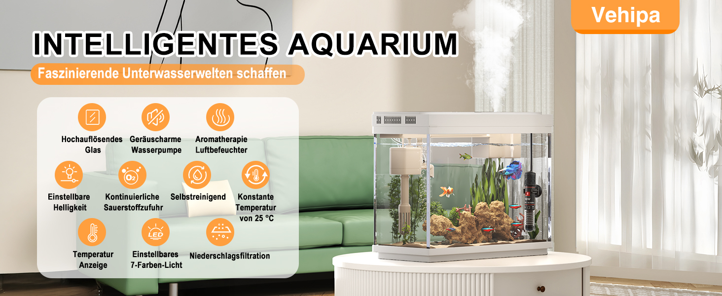 Акваріум Vehipa Nano 9L з підсвіткою, фільтром, обігрівачем та зволожувачем повітря (білий)