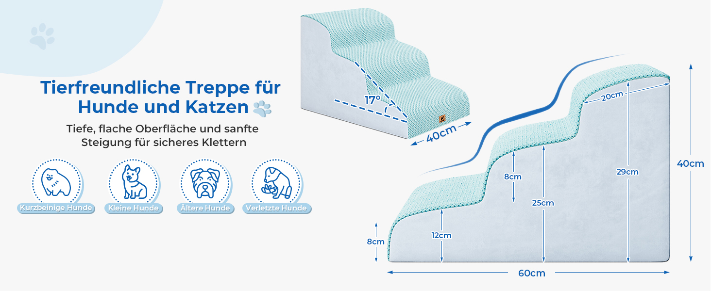 Сходинка для собак маленьких порід, 3 сходинки, 40 см, для дому, антиковзка, для котів та собак, сіра (блакитна)