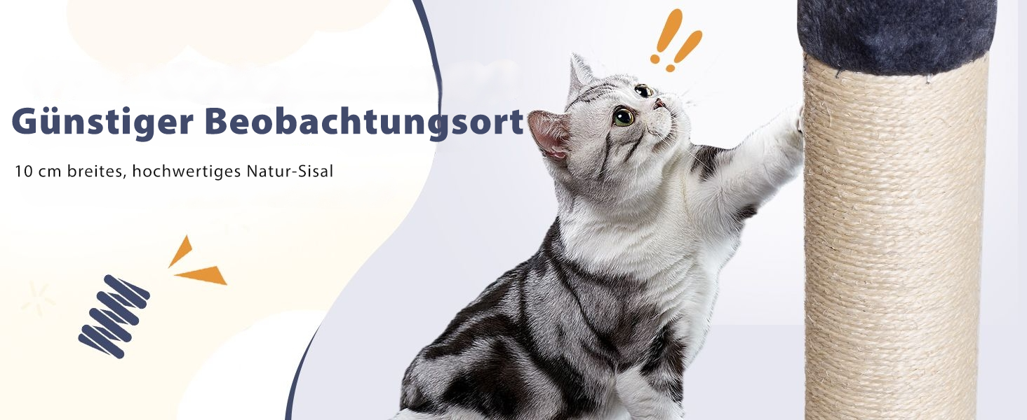 Кігтеточка NEGTTE з регулюванням висоти (230-275см) - кігтечочний комплекс з 2 кігтеточними стовпами, гамаком та будиночком. Вузька кігтеточка висотою для невеликих приміщень, система натягу стелі, страховий ремінь, темно-сірий колір