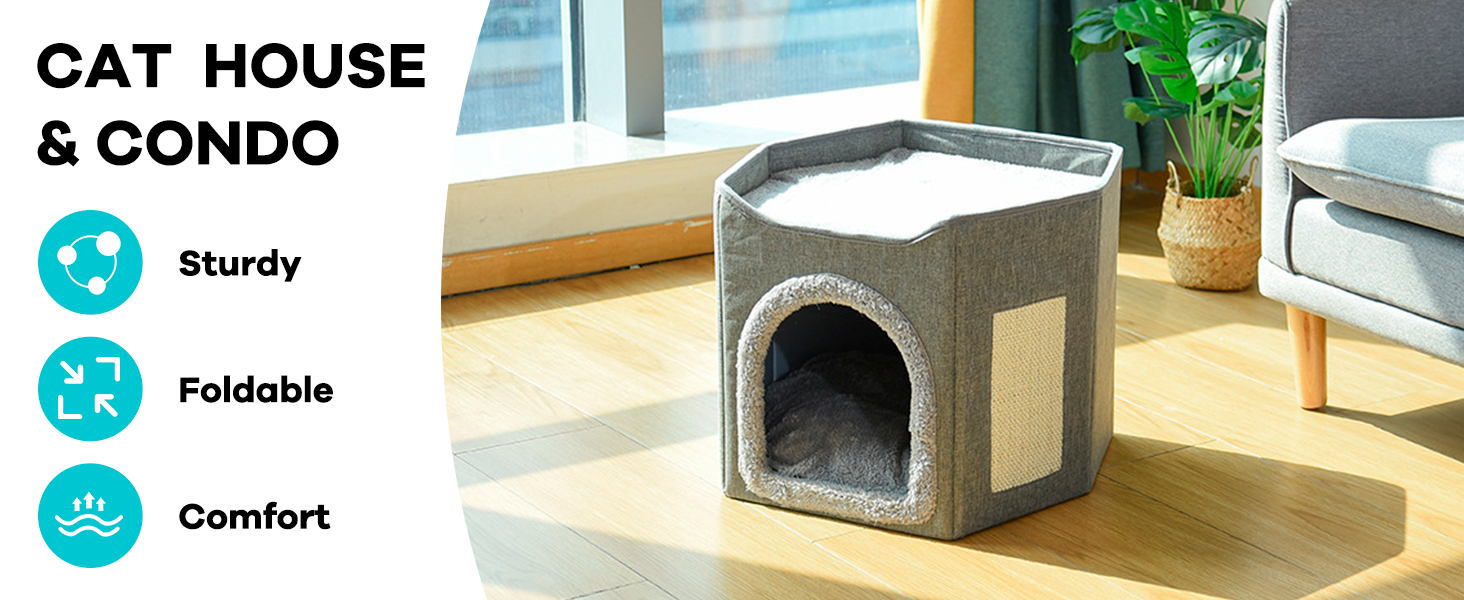 Кіт Будинок для котів у приміщенні, велика кімната для котів з когтеточкою, 2-ярусне ліжко для котів, будинок-печера для маленьких та середніх тварин, сірий