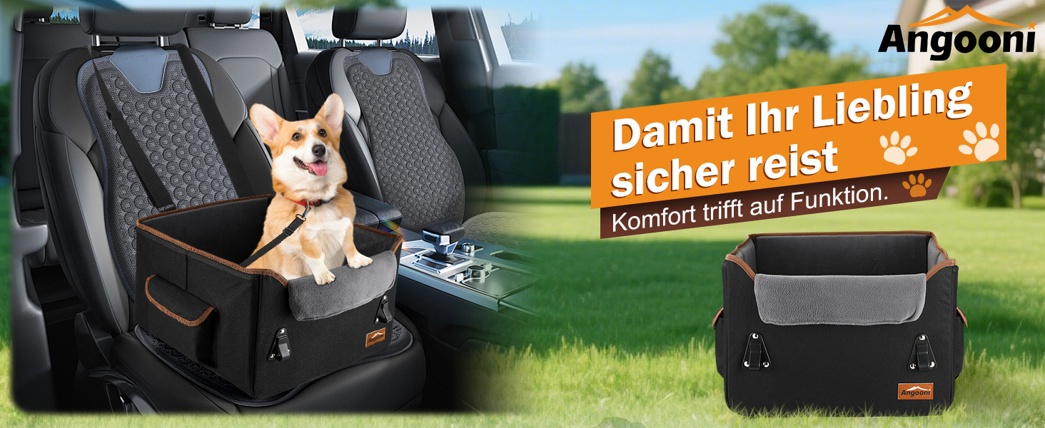 Автокрісло для собак Angooni: зручний бустер для маленьких та середніх собак з кишеньками для зберігання, м'яке плюшеве ліжко для переднього та заднього сидіння (чорне)