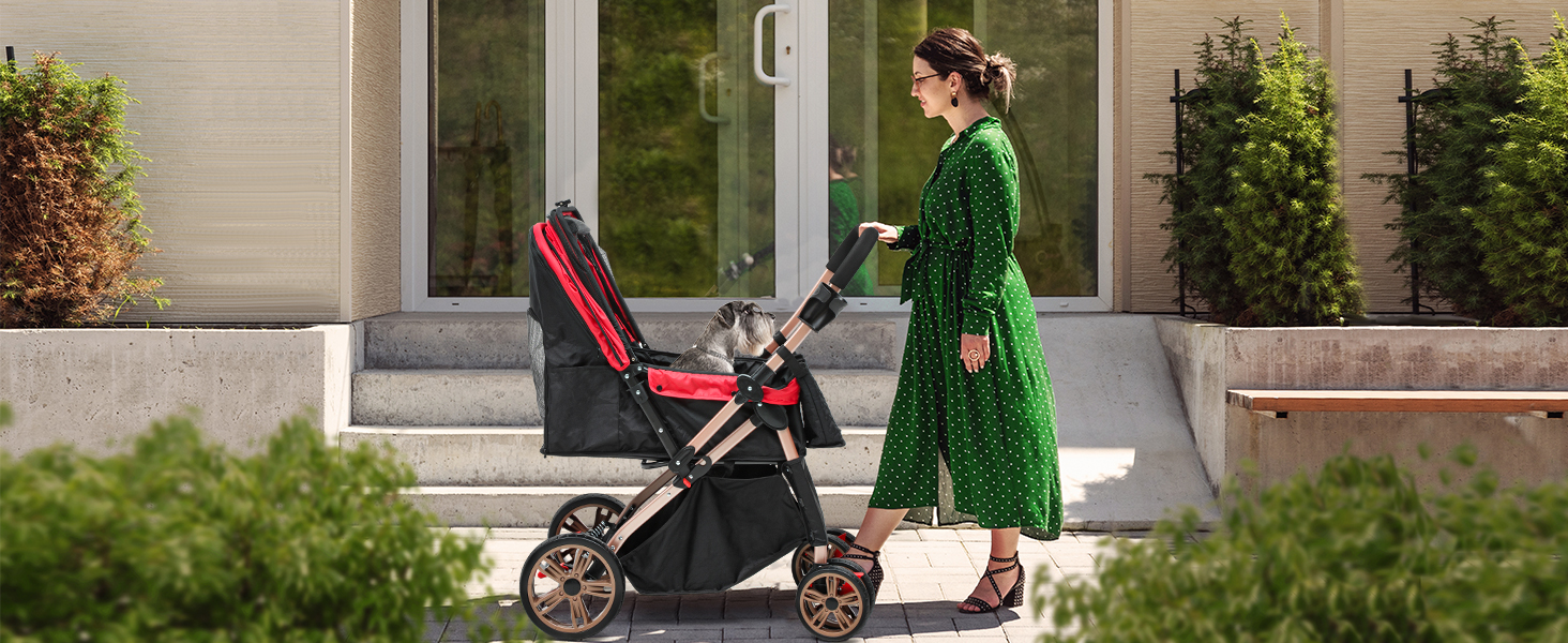 Візок для собак та котів YITAHOME, 22 кг, складання, з кошиком для зберігання, поворотні колеса, сітчасті вікна та двері (Червоний)