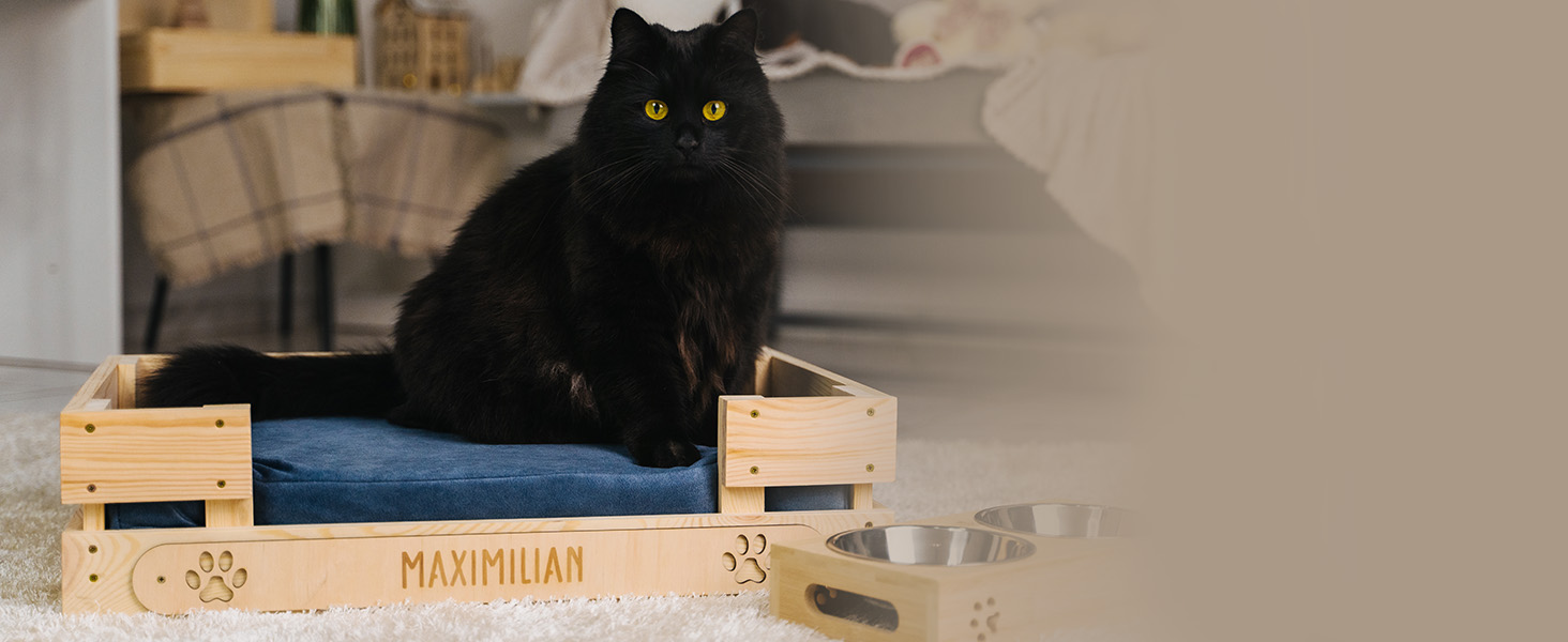 Персоналізоване ліжко для котів LAUBLUST з іменем - гравіювання лапок та імені - котяче ліжко/софа для великих та маленьких котів | Ліжко-лежанка з дерева з подушкою | приблизно 60x40x15см, коричневе з коричневою подушкою