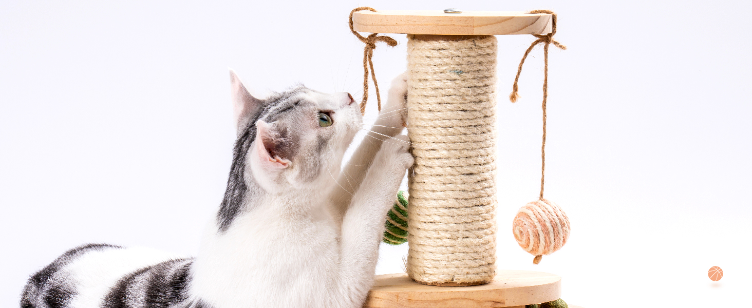 Іграшка для котів MEWOOFUN з дерева, роликовий іграшковий центр з двошаровим обертовим диском, інтерактивна іграшка з пір'ям, 3-в-1 іграшка для кошенят з інтерактивними м'ячиками та висячими кульками, дряпка для котів (маленька)