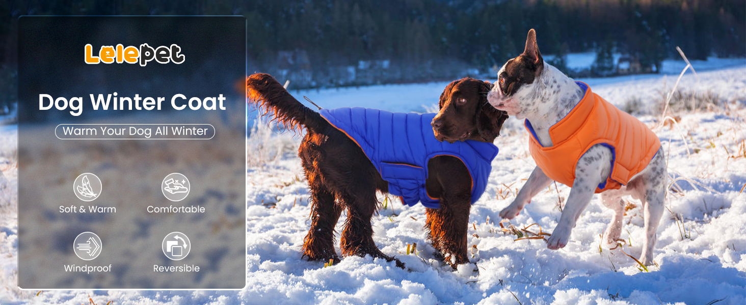 Зимовий одяг для собак Lelepet: тепла водонепроникна куртка для великих собак, двостороння вітрозахисна куртка з застібкою-липучкою, оранжевого та синього кольорів, розмір 2XL