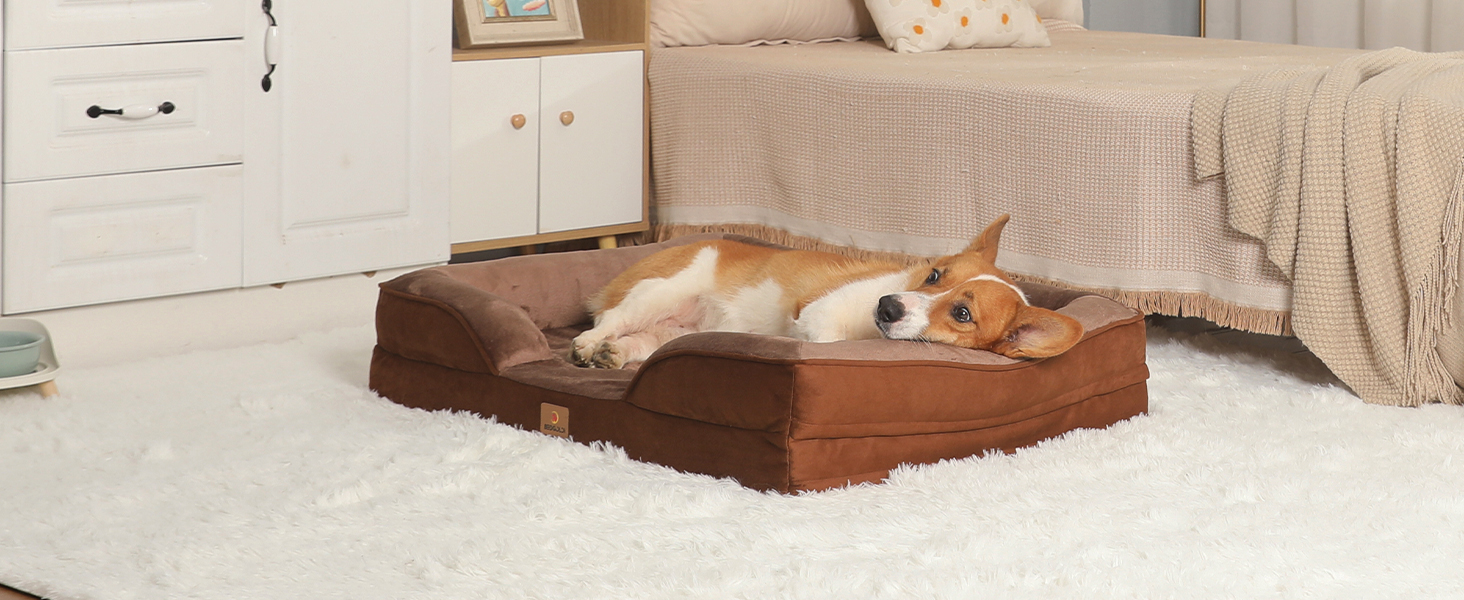 Ортопедичне ліжко для собак великих порід, ергономічне диван-лежанка з піною у формі подушки, водовідштовхуваче ліжко з неслизьким покриттям, 89x63 см, світло-сірий, коричневий, розмір 89 x 63 x 17 см