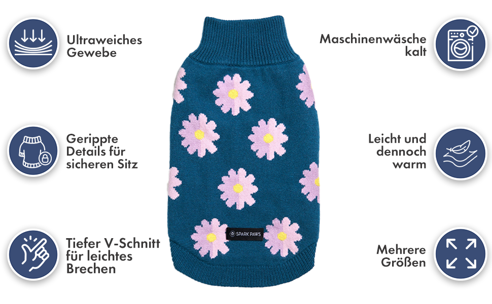 Теплий зимовий пуловер для собак Spark Paws з ультрам'якого матеріалу – для маленьких, середніх та великих собак, французьких бульдогів, пітбулів (квітковий, M)