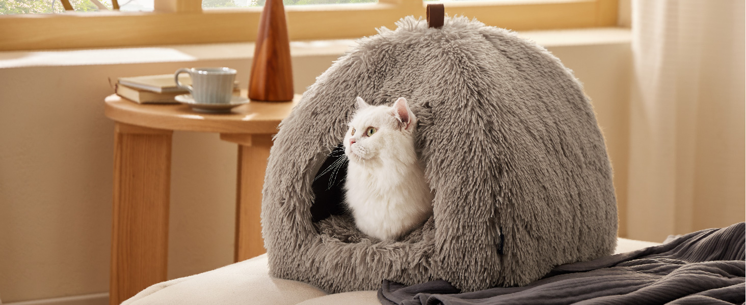 Ліжко для котів BEDSURE велике, 40x40x40 см, сіре, з подушкою та іграшкою, миється