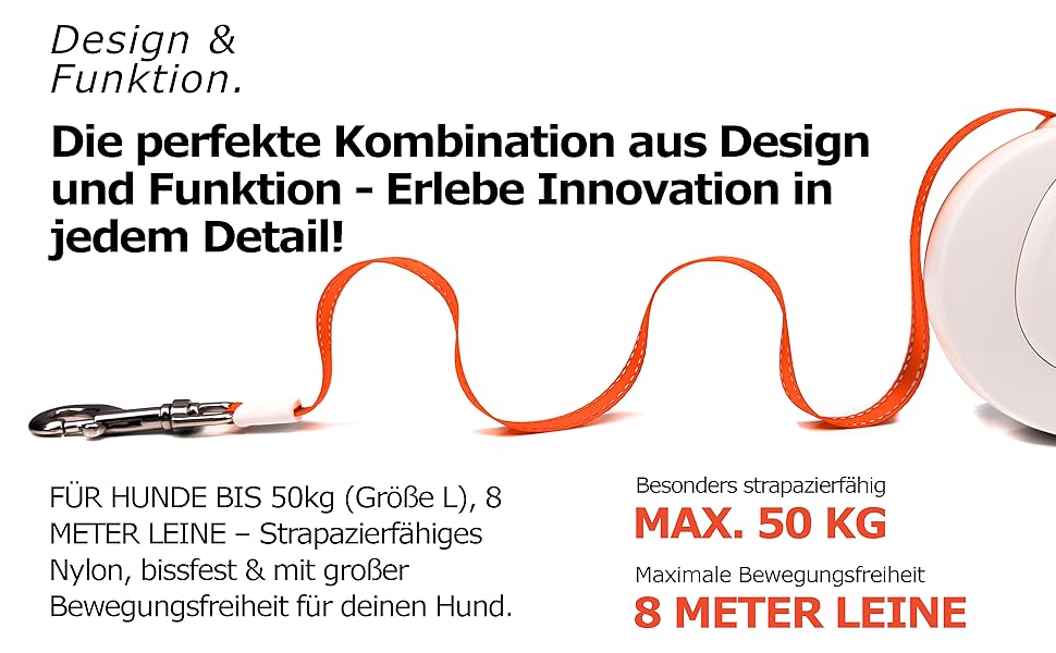 Блузель 8м Рулетка для собак до 50 кг, Неонова жовта рулетка з відбивачем, карабін 360°, ергономічна ручка з гумою та стопором