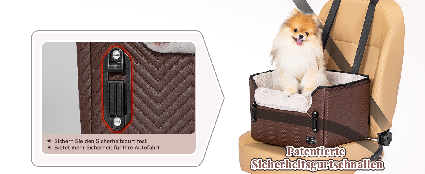 Автокрісло для собак Petfit, кошик для собак у машину, автоліжко для маленьких собак, з фіксатором ременя безпеки, знімні чохли, S, коричневе шкіряне