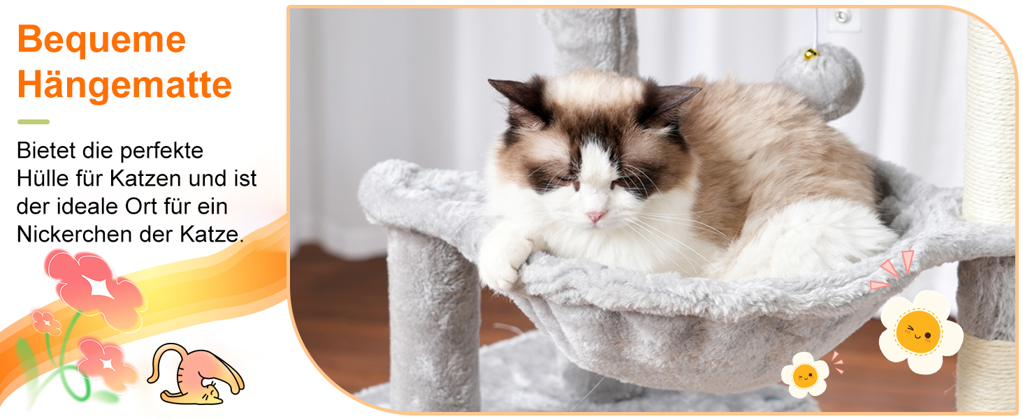 Кігтеточка для котів Heybly Kratzbaum 100 см: комплексна кігтеточка з платформою, гамаком, іграшками, сірого кольору HCT006SW