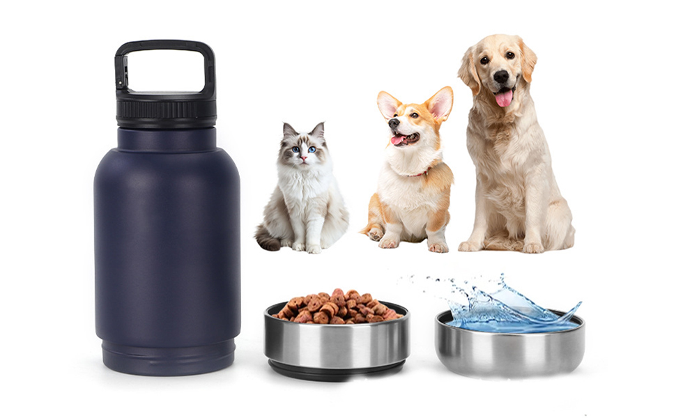 Портативна пляшка для собак з мисками для води та корму, 3-в-1, ізольована сталева пляшка для подорожей, прогулянок, походів (чорна)