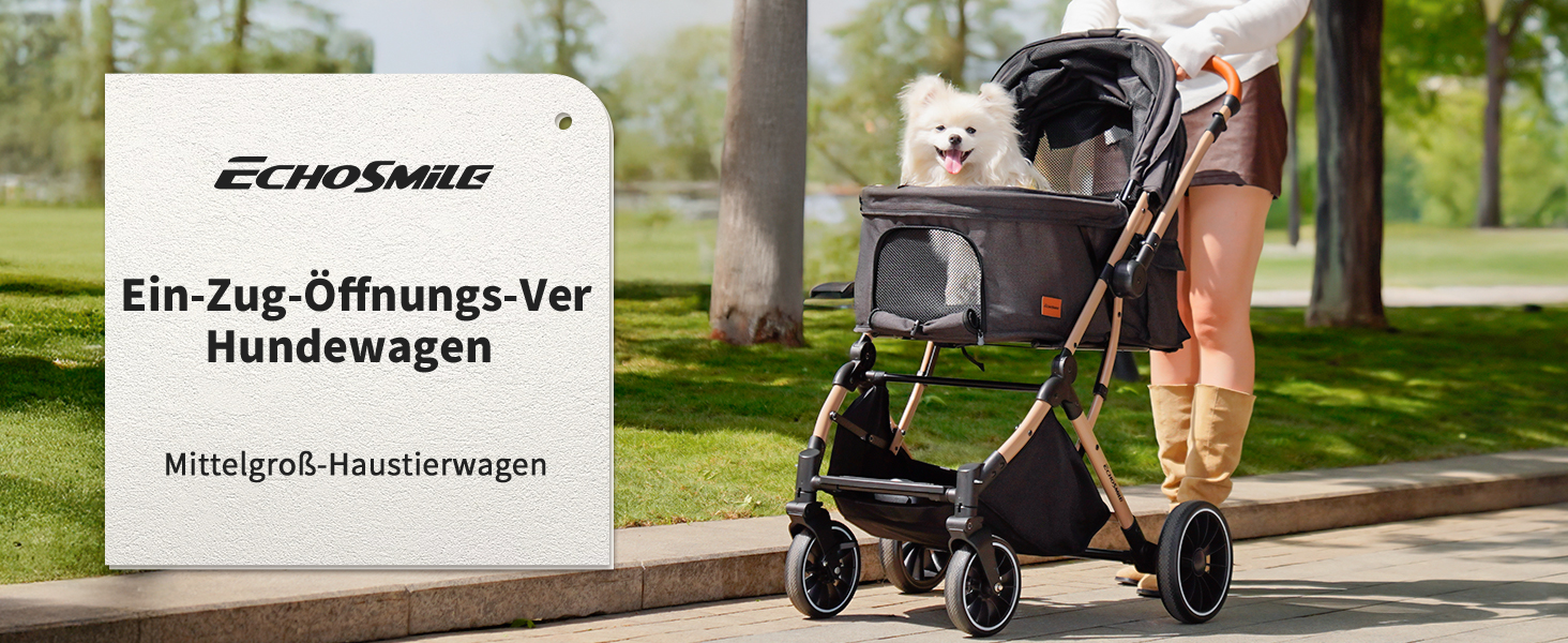 Візок для собак EchoSmile, складний, до 20 кг, для маленьких та середніх собак та котів, з поворотним ручкою, амортизацією та знімним чохлом (чорний)