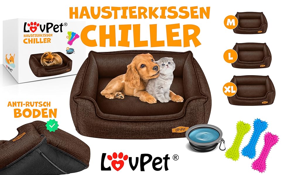 Ліжко-матрац Lovpet для собак XL 110x75x27 см, коричневе, із мискою та 3 кісточками, м'який знімний і праний чохол, для малих, середніх і великих порід