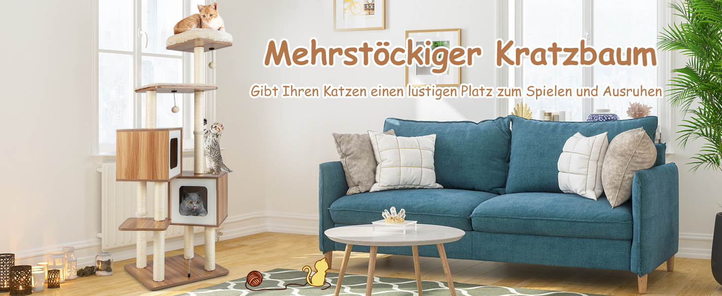 Дерев'яний кігтеточки COSTWAY 163 см, 6-ярусний, з 2 печерами, 2 килимками та 3 іграшками, для котів, бежевий+натуральний колір