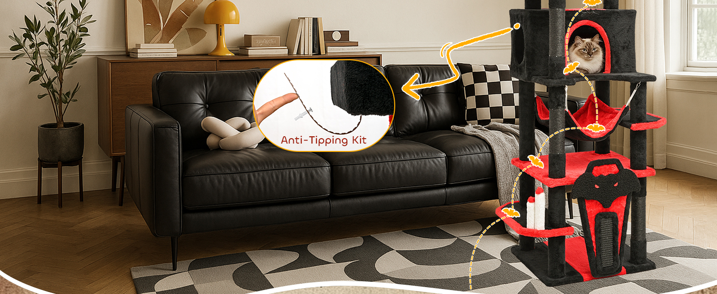 Драматичний котячий комплекс BYBYME в готичному стилі для Хелловін, 158 см, стабільний набір меблів для котів з ліжком, будиночком, гамаком, стовпчиками з сизалю, багатофункціональна котяча ігрова вежа (Чорний/Червоний)