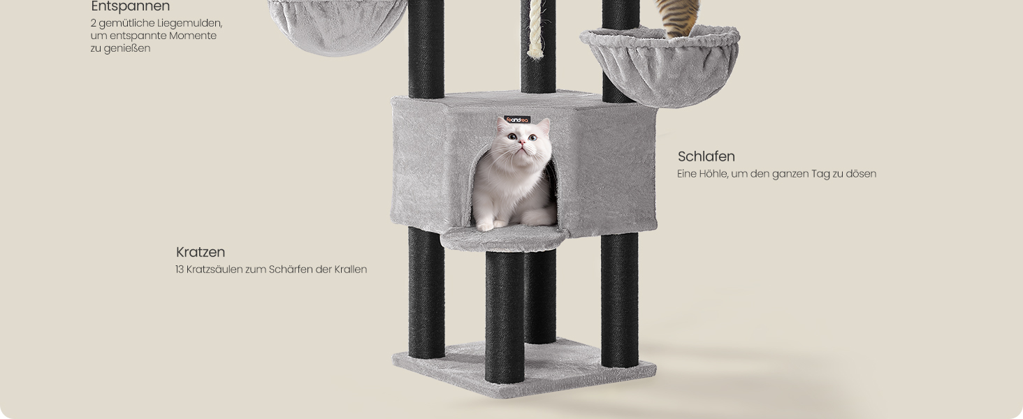 Кігтеточка Feandrea для котів, велика, багатоярусна, XXL, 55 x 55 x 186,7 см, товщина сизалю 11 см, для великих порід котів (Мейн-кун), сіро-чорна, артикул PCT008G02
