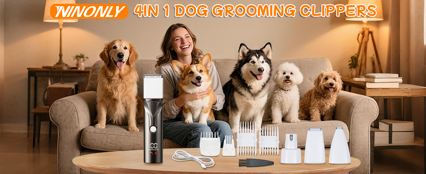 Набір для стрижки собак 4 в 1 Ninonly: тиха, акумуляторна машинка для собак та котів з 4 насадками для тіла, лап, очей та вух. Тример для лап. Колір: Gunmetal