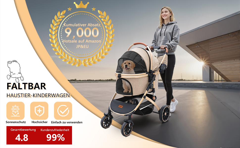 Візок для собак та котів 4-колісний, до 30 кг, для 2 котів, поворотні колеса, сітчасті вікна, 3-в-1 (Хакі, 39.8x77x102 см)