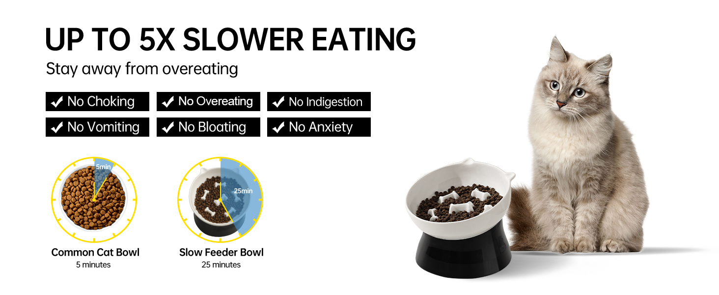 Антислизька годівниця для котів з кераміки, піднята - годівниця-лабіринт для повільного годування, нахилена проти блювоти, чорно-біла