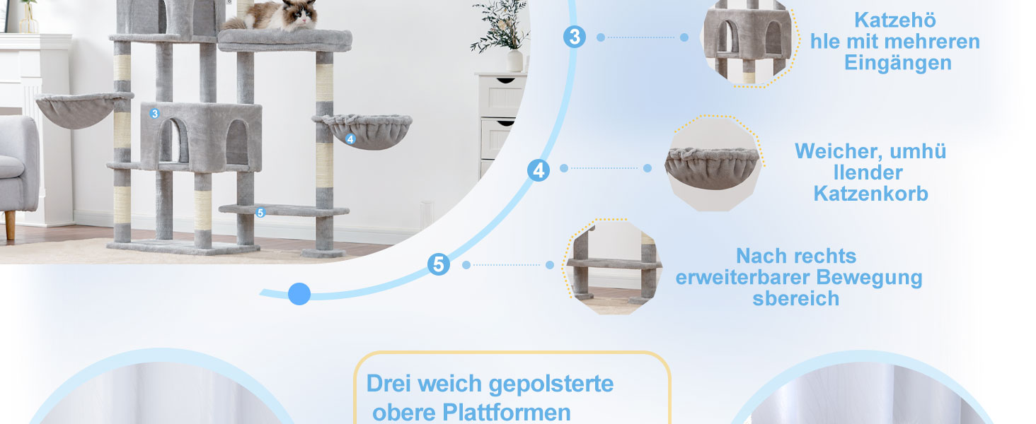 Котячий будиночок Hey-brother XXL для великих котів, 180 см, сірий, з 3 платформами, 2 кошиками та великою печерою