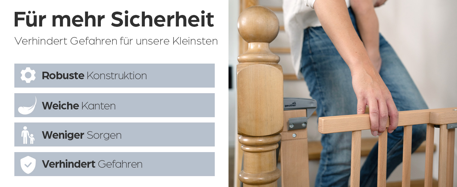 Захист для сходів Geuther Oris | Дверний захист для сходів з кріпленням, ширина 67-95 см | Стабільний захист з розпашною дверцятами | Дерев'яне дитяче гiтер, натуральний лак 67-95 см