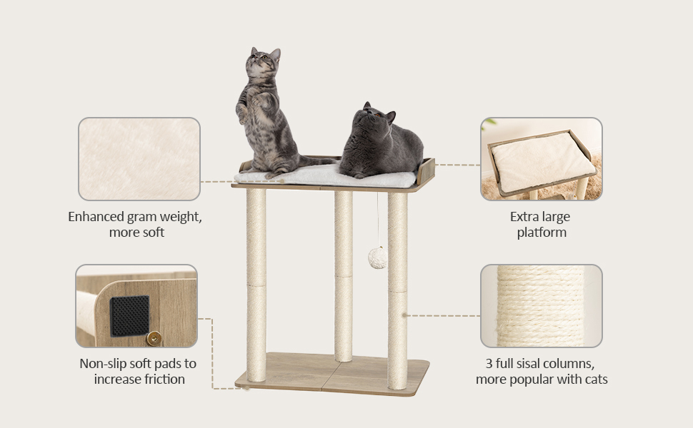 Дерев'яний комплекс для котів FourFurPets, 68 см, з трьома сизалевими стовпчиками, платформами 56x40 см, колір Greige