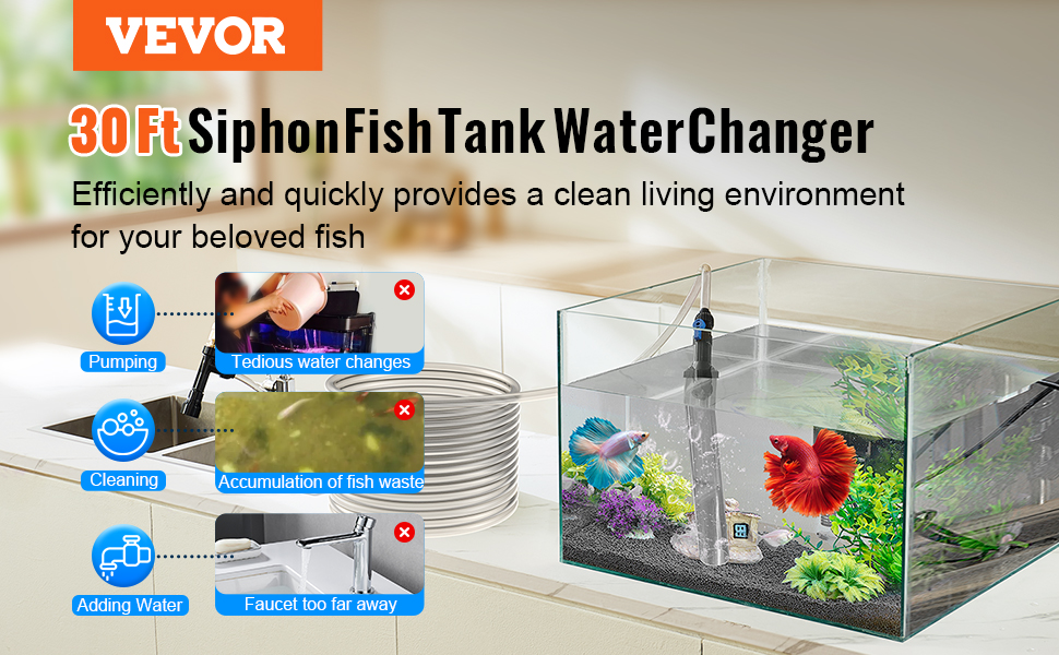 Акваріумний пилосос VEVOR з 9 м PVC-шлангом: кисневий насос для очищення ґрунту та води в акваріумі