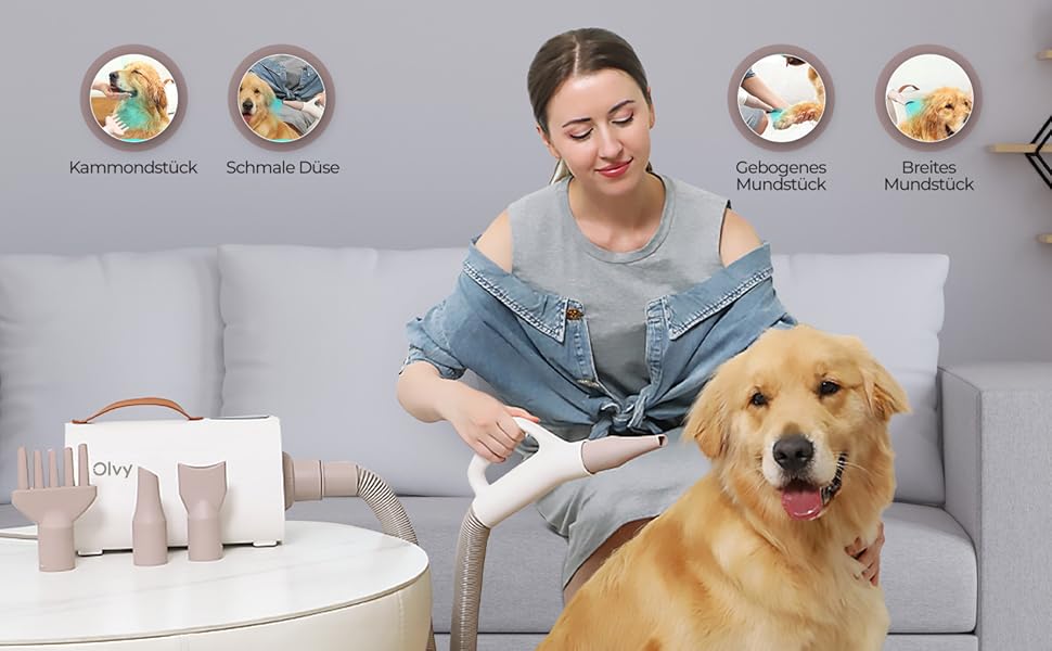 Фен для собак Olvy Hundefön: професійний сушар для догляду за шерстю з регулюванням швидкості та 4 насадками