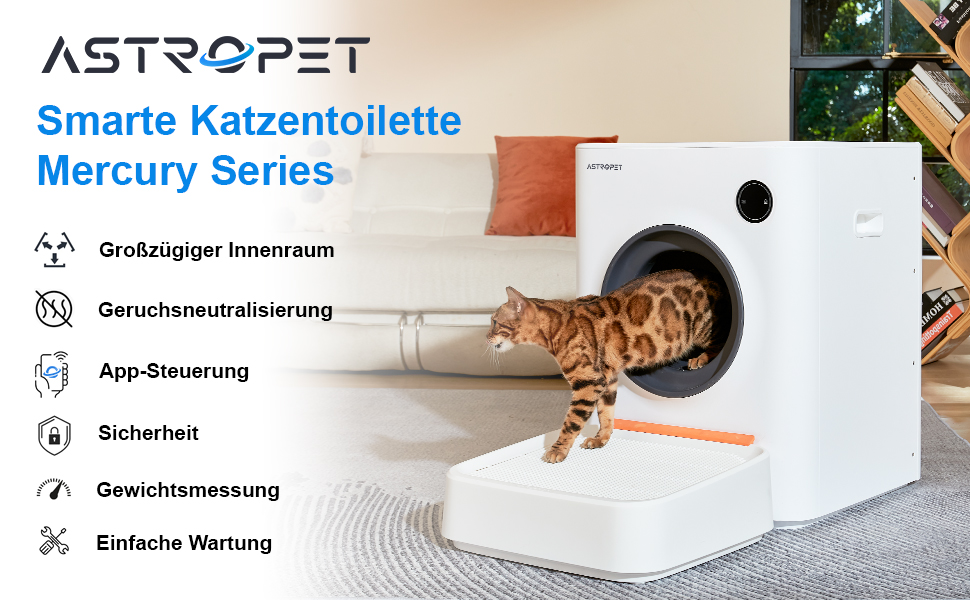 Автоматичний лоток для котів AstroPet з самоочищенням, 68л, з килимком, керування через додаток, 5 рівнів захисту, моніторинг через додаток, автоматична заміна наповнювача (ACLB-001 + AACM-001)