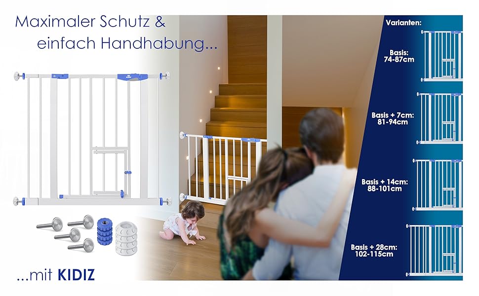 Захисне ворота KIDIZ® для дітей, собак та котів | Без свердління, розширюване, поворотне | Розмір: 74-87 см, блакитне