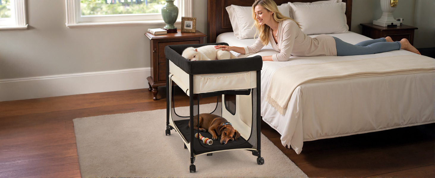 Підвищене ліжко для домашніх тварин VEVOR (XL), складне ліжко для собак з тканини 600D Oxford та голландського оксамиту, портативне дитяче ліжко з колесами та боковими кишенями, бежеве