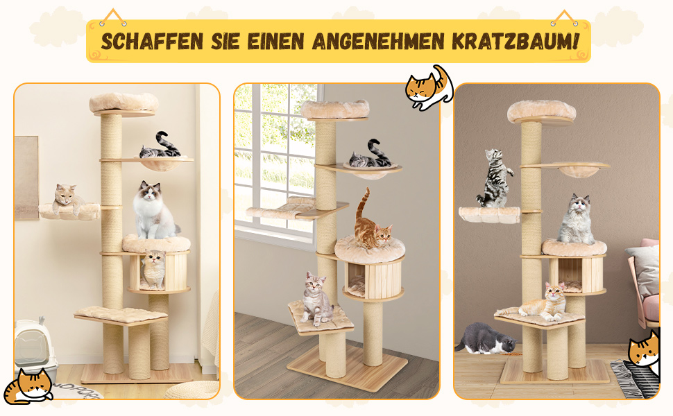 Багатоповерховий котячий комплекс COSTWAY з дерева, 191 см: кігтеточка, гамак, будиночок, кошик, стовпчики з сизалю, активний ігровий комплекс для котів, бежевий, 6 поверхів